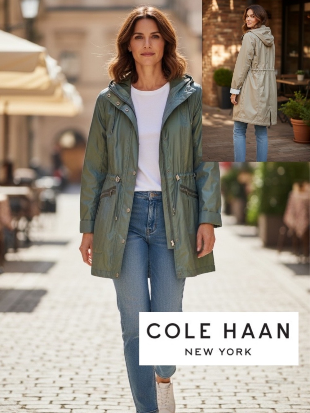 COLE HAAN iridescent green packable wind/rain coat, L, CB2685